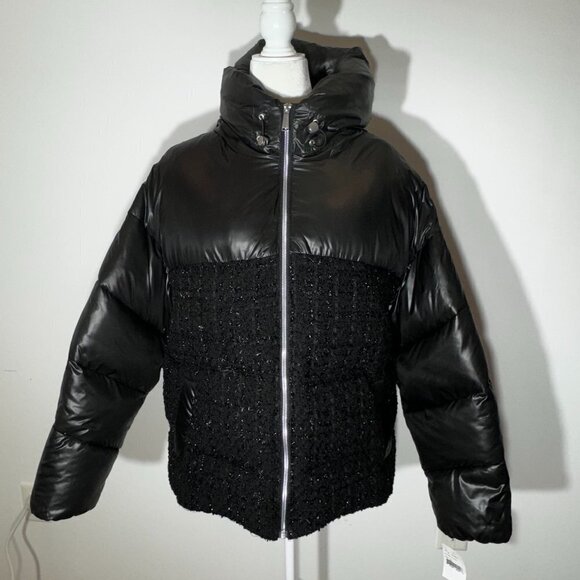 NWT BCBG MAX AZRIA Black Tweed Padded Zip Up Hooded Coat - XL - Picture 1 of 10